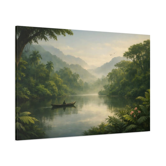 Nature Jungle River Misty Jungle Landscape shown as stretched canvas wall art