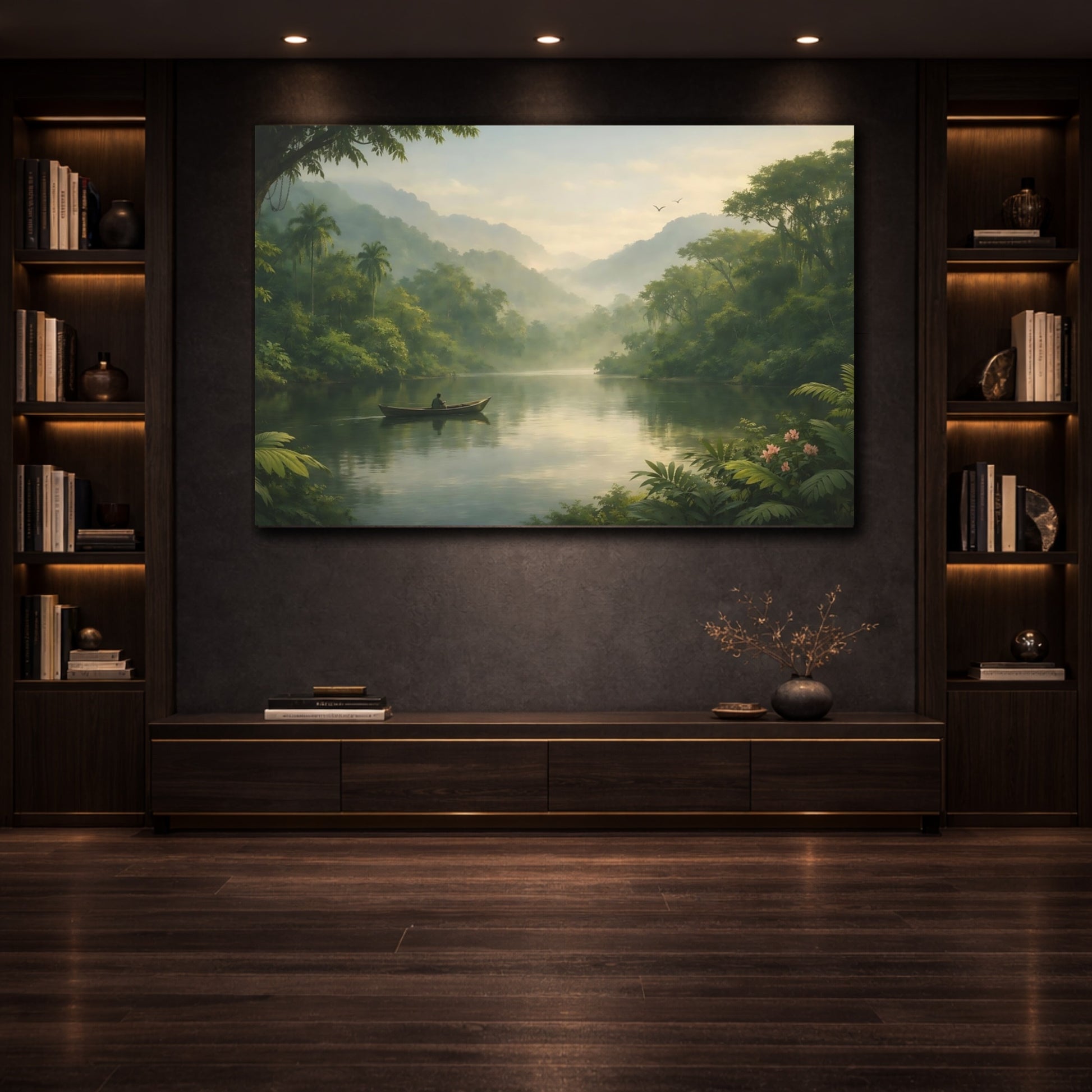 Nature Jungle River Misty Jungle Landscape shown as front canvas room wall art