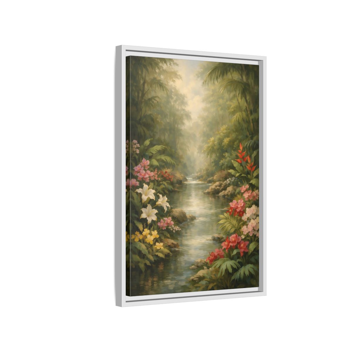 Side Mockup 1. Nature Jungle River Tropical Jungle River shown as stretched canvas wall art