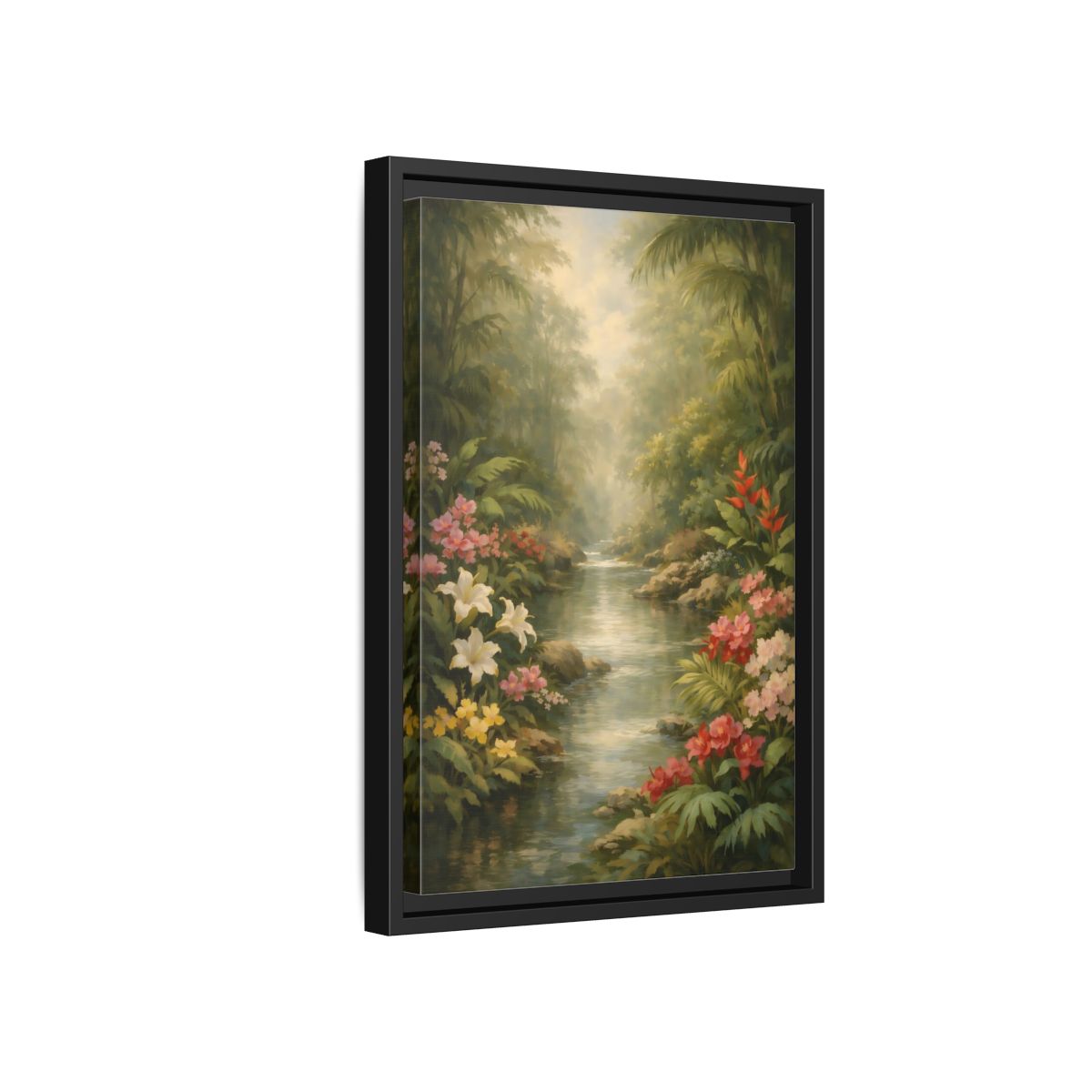 Side Mockup 6. Nature Jungle River Tropical Jungle River shown as stretched canvas wall art