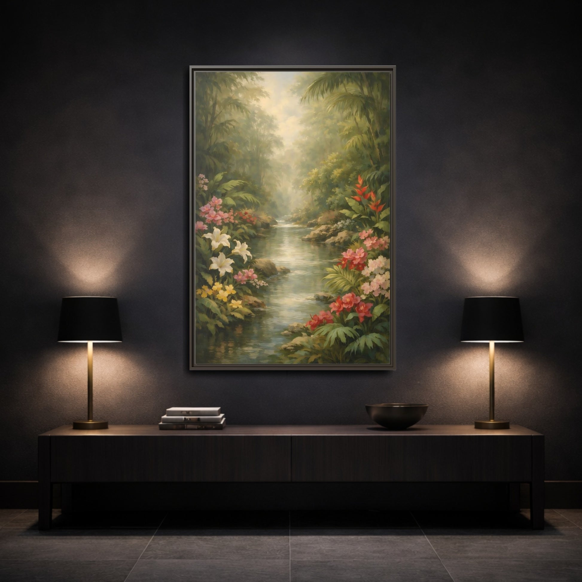 Mockup 2. Nature Jungle River Tropical Jungle River shown as stretched canvas wall art