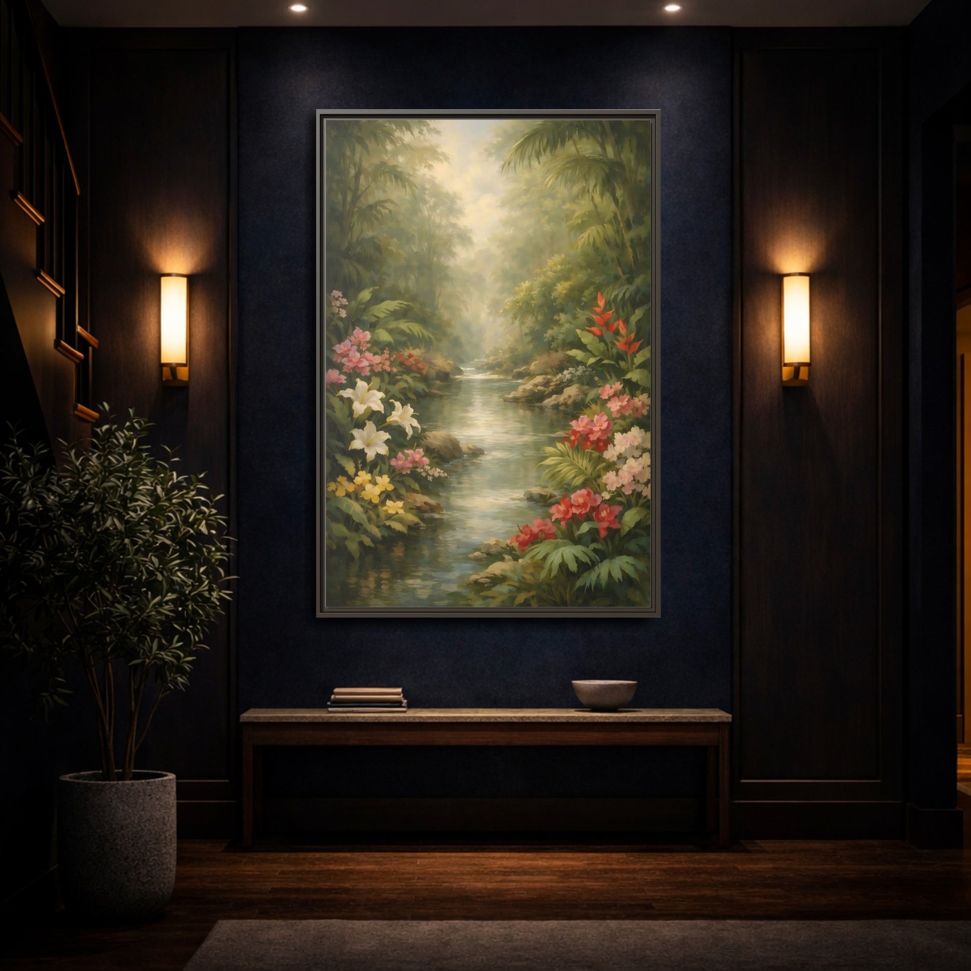 Mockup 3. Nature Jungle River Tropical Jungle River shown as stretched canvas wall art