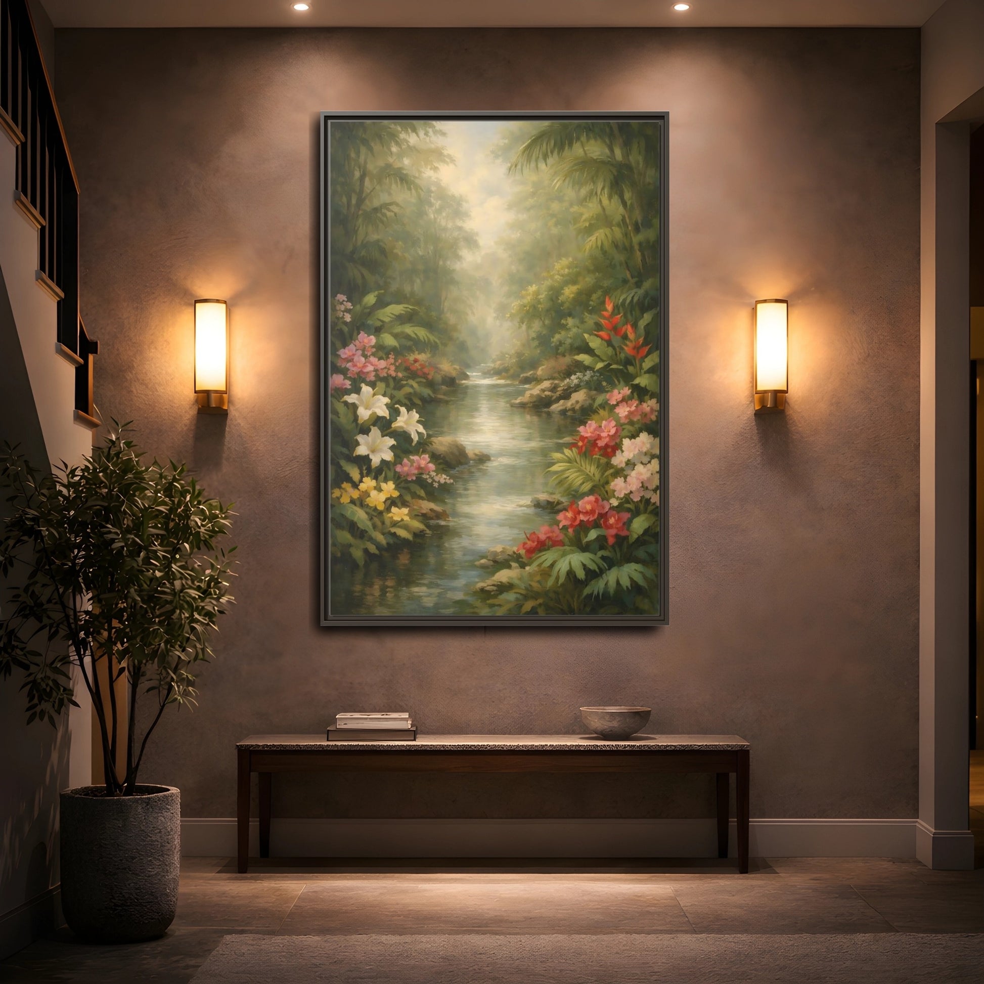Mockup 4. Nature Jungle River Tropical Jungle River shown as stretched canvas wall art