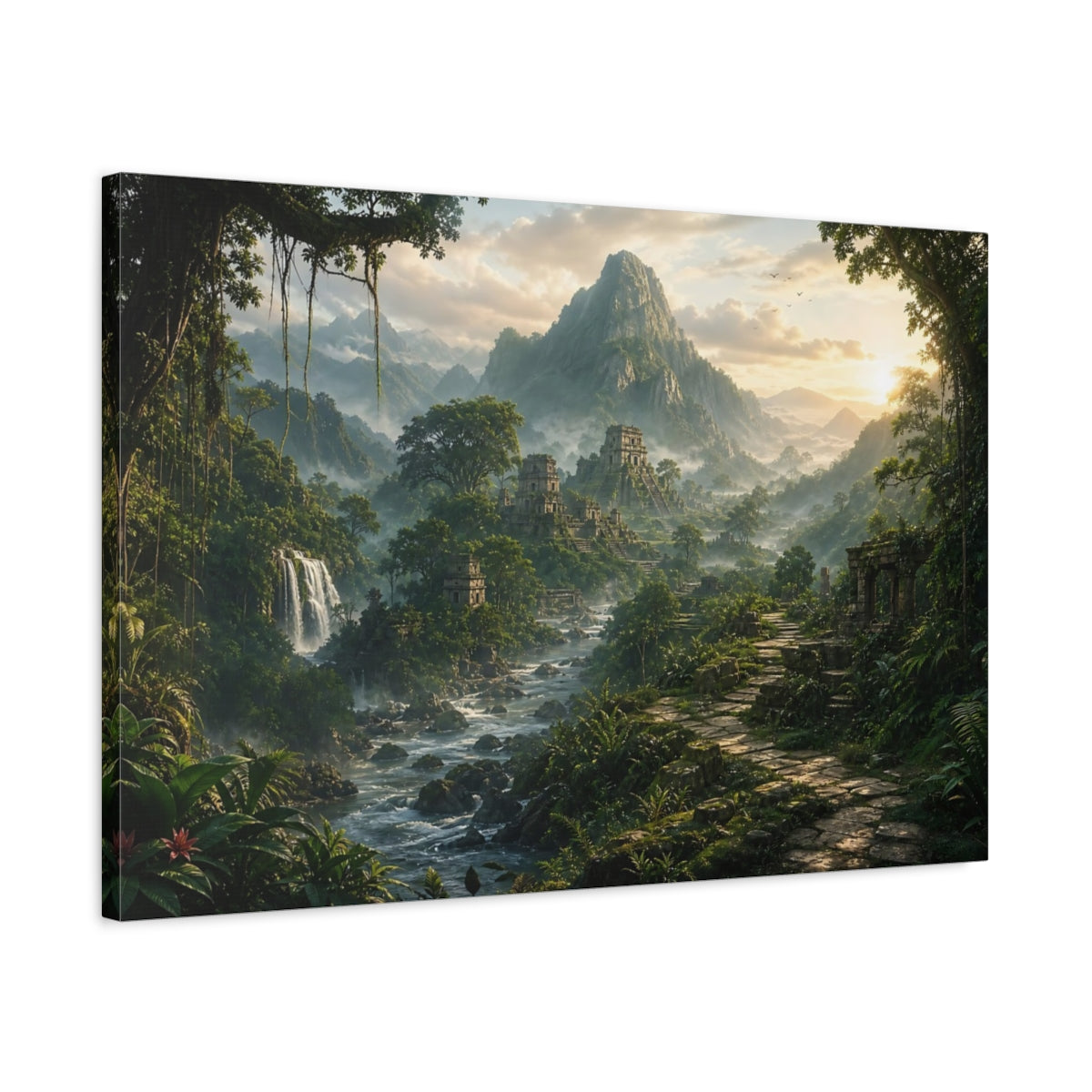 Side Mockup 2. Nature Jungle Ruins Lush Jungle Scenery shown as stretched canvas wall art