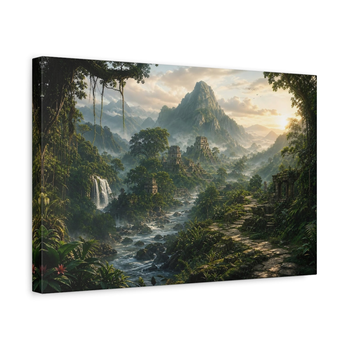 Side Mockup 4. Nature Jungle Ruins Lush Jungle Scenery shown as stretched canvas wall art