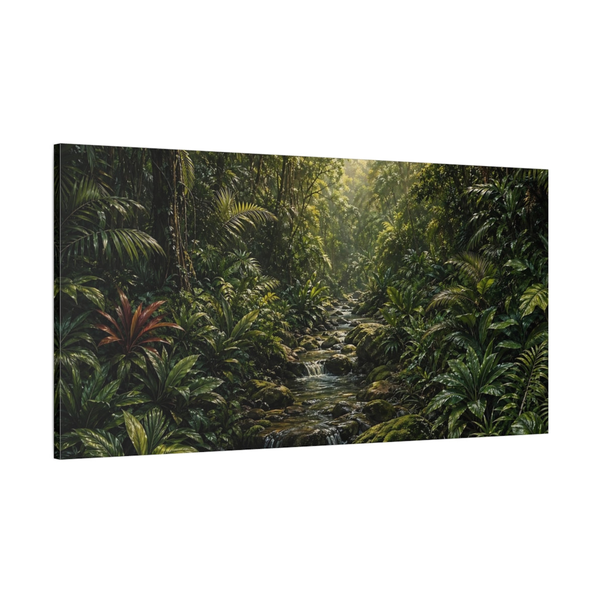 Side Mockup 2. Nature Jungle Stream Green Jungle shown as stretched canvas wall art