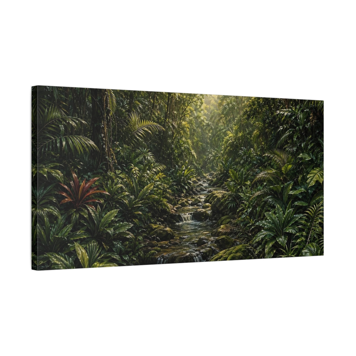 Side Mockup 1. Nature Jungle Stream Green Jungle shown as stretched canvas wall art