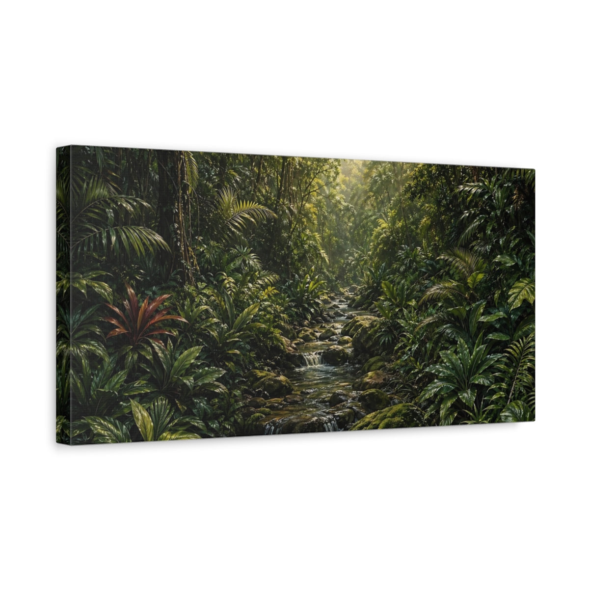 Side Mockup 3. Nature Jungle Stream Green Jungle shown as stretched canvas wall art