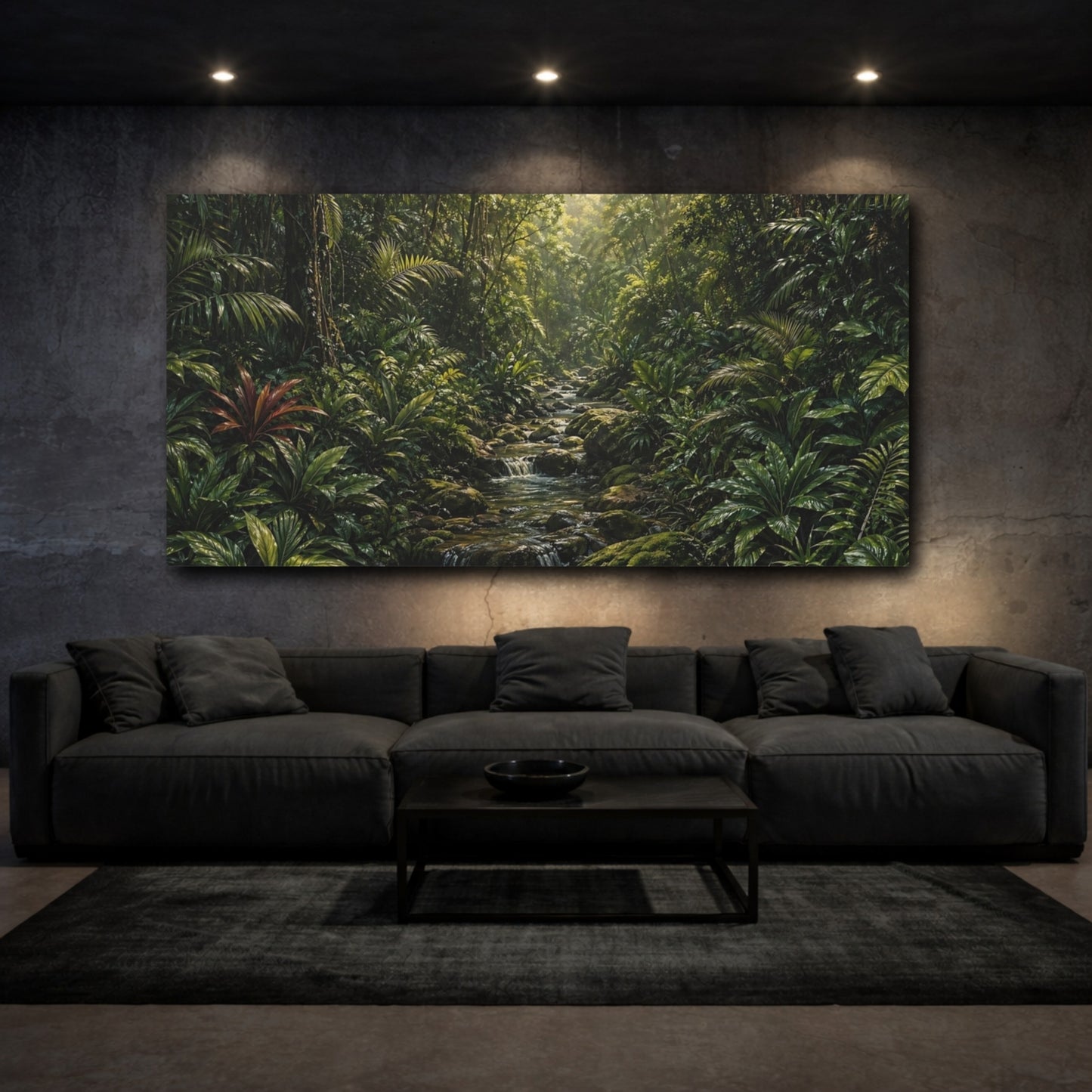 Mockup 2. Nature Jungle Stream Green Jungle shown as stretched canvas wall art