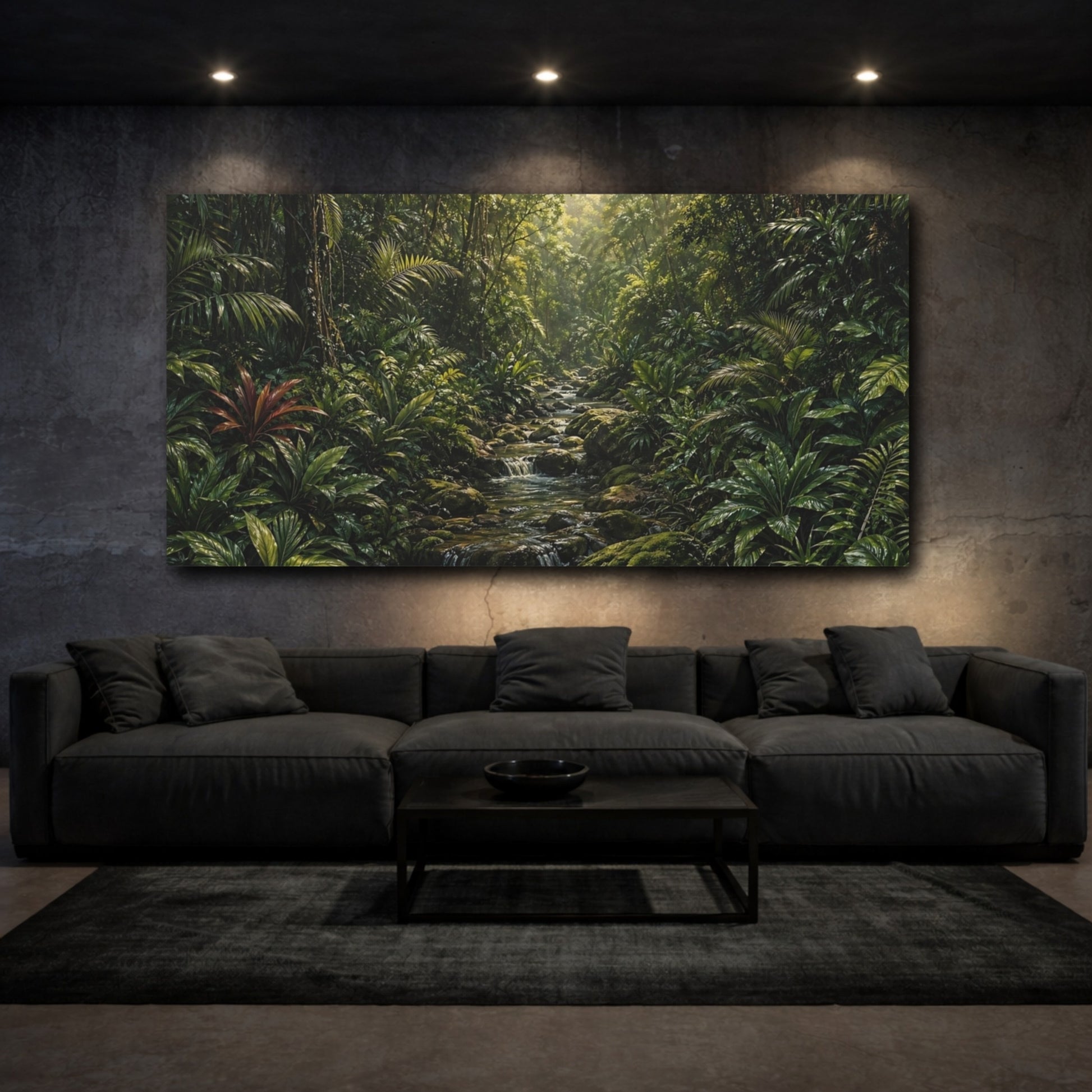 Mockup 2. Nature Jungle Stream Green Jungle shown as stretched canvas wall art