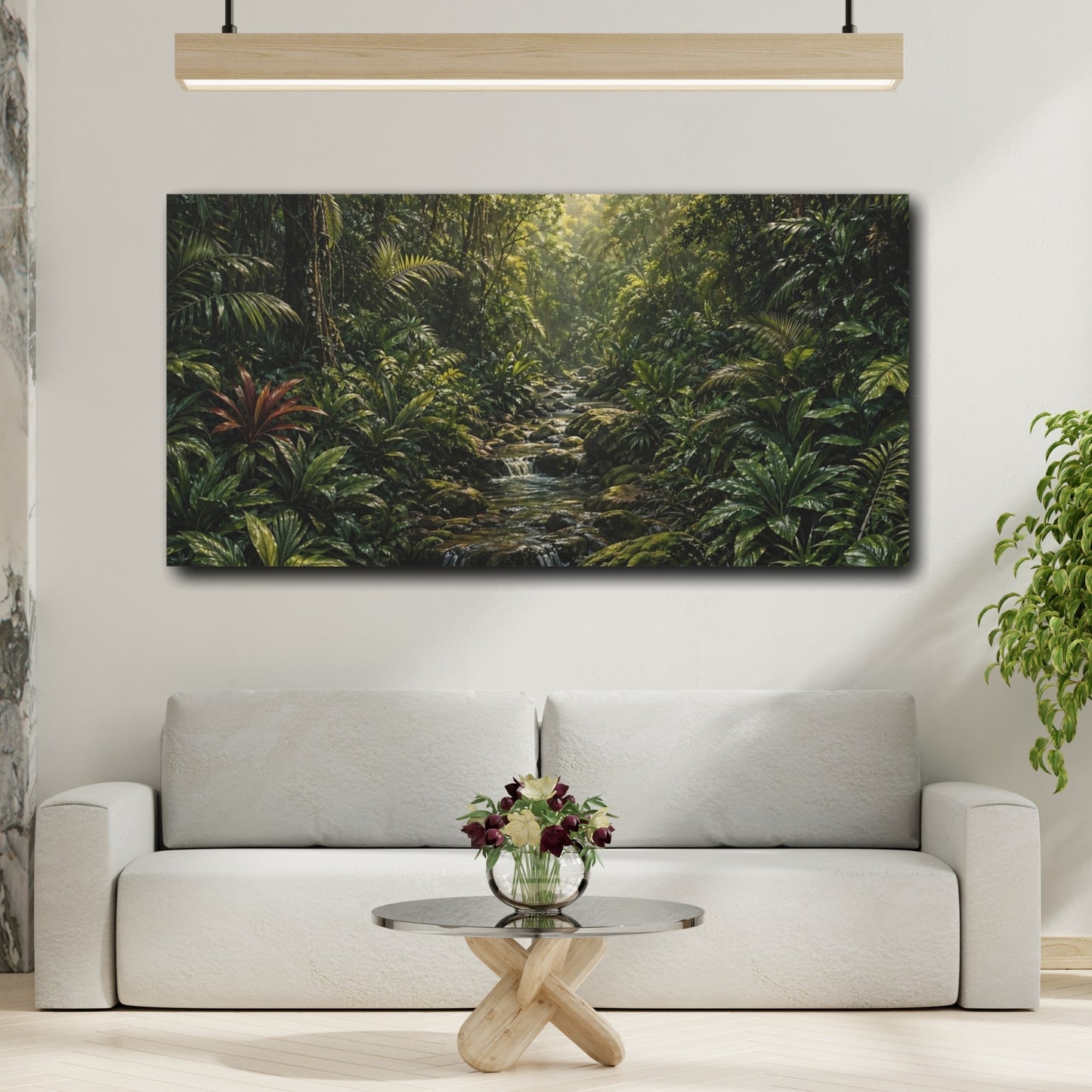 Mockup 3. Nature Jungle Stream Green Jungle shown as stretched canvas wall art