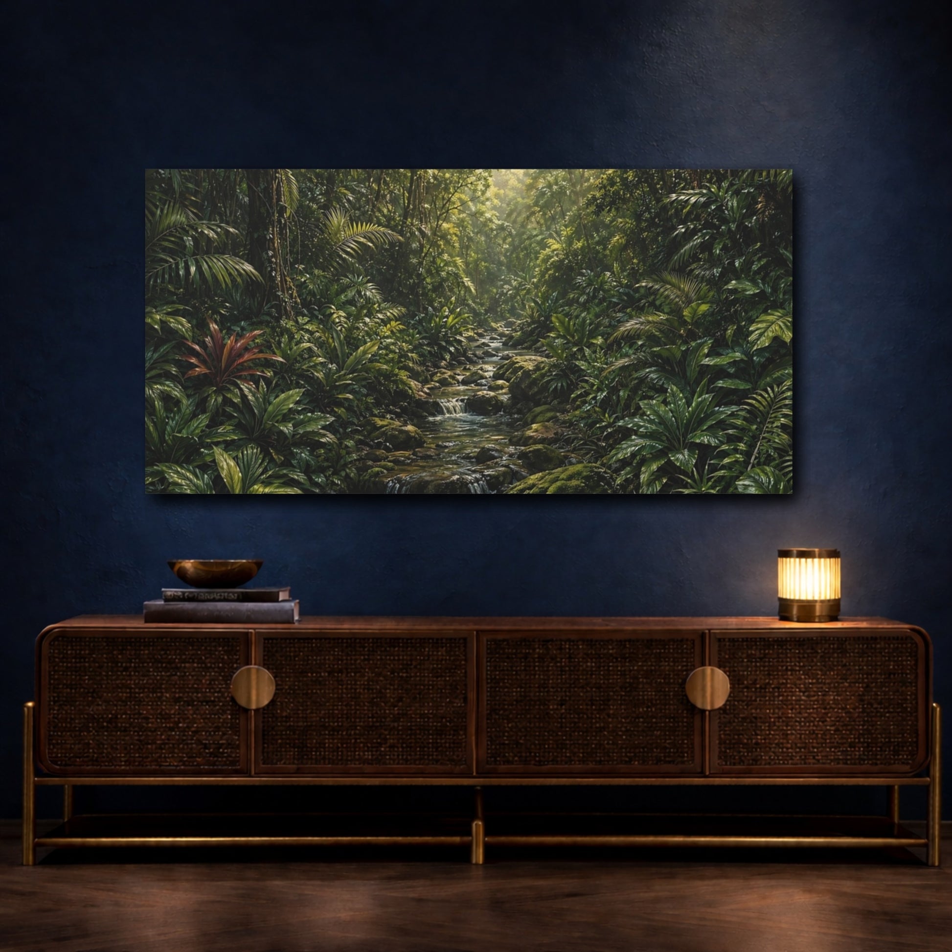 Mockup 4. Nature Jungle Stream Green Jungle shown as stretched canvas wall art