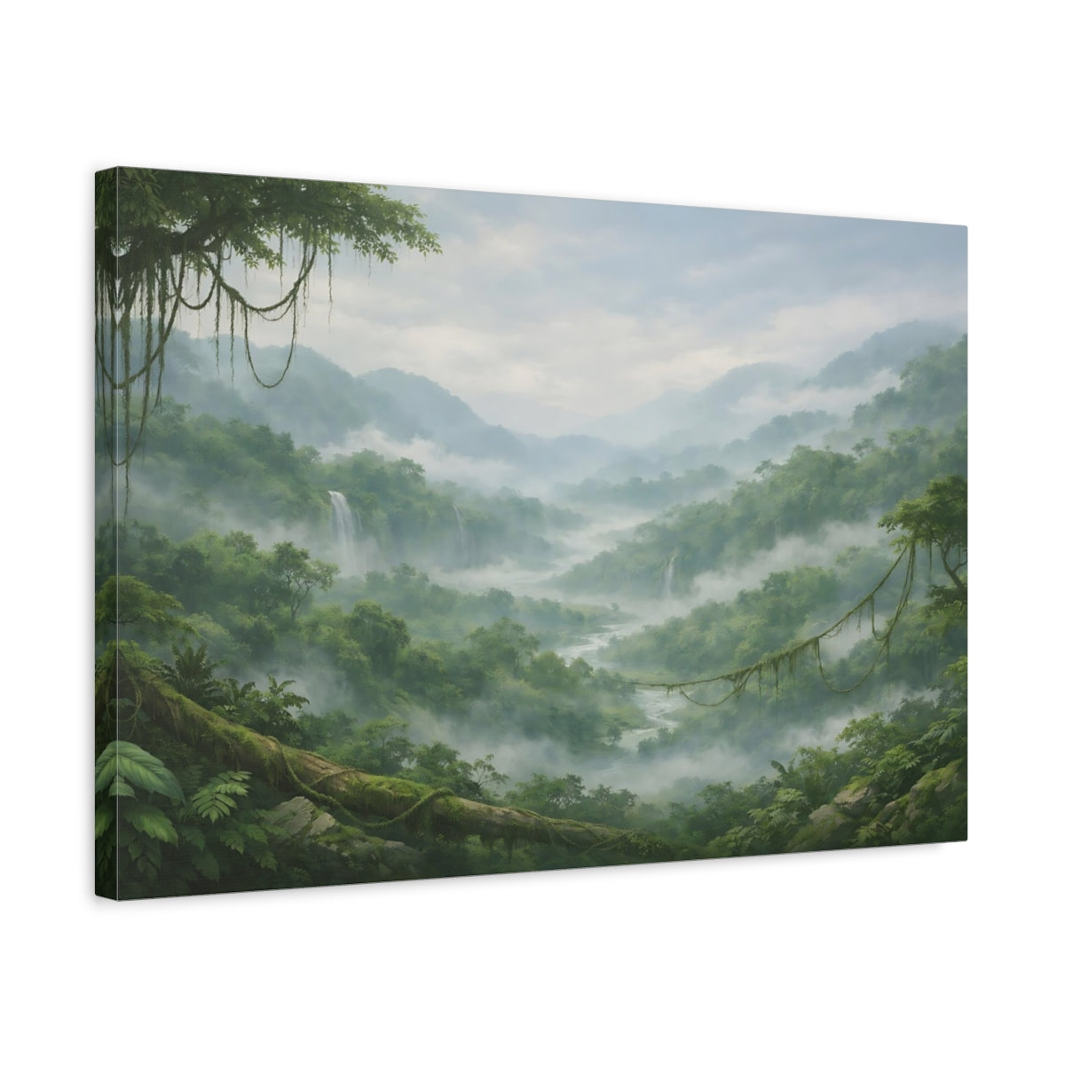 Side Mockup 3. Nature Jungle Valley Green Misty Valley shown as stretched canvas wall art