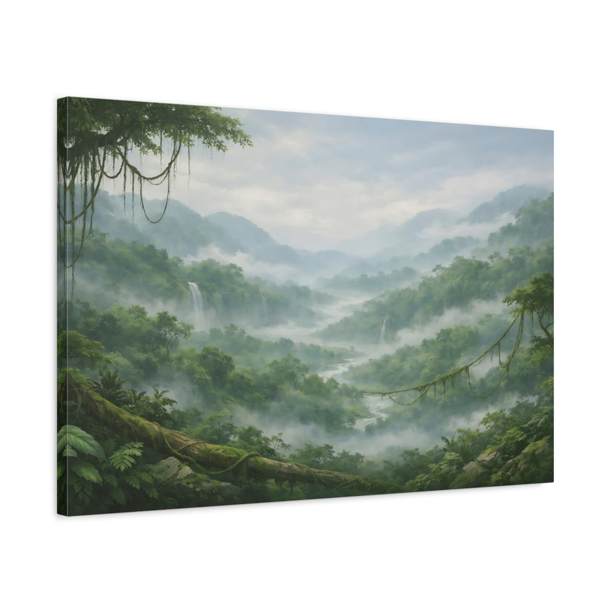 Side Mockup 2. Nature Jungle Valley Green Misty Valley shown as stretched canvas wall art