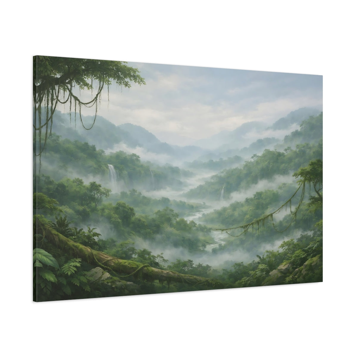 Side Mockup 1. Nature Jungle Valley Green Misty Valley shown as stretched canvas wall art