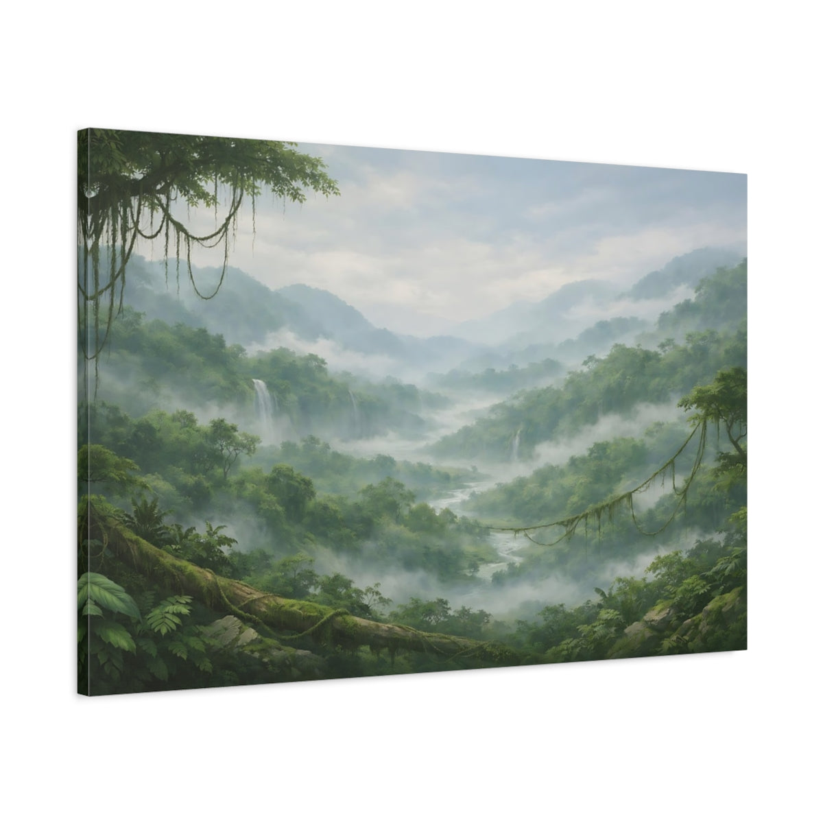 Main Mockup. Nature Jungle Valley Green Misty Valley shown as stretched canvas wall art