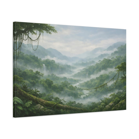 Main Mockup. Nature Jungle Valley Green Misty Valley shown as stretched canvas wall art