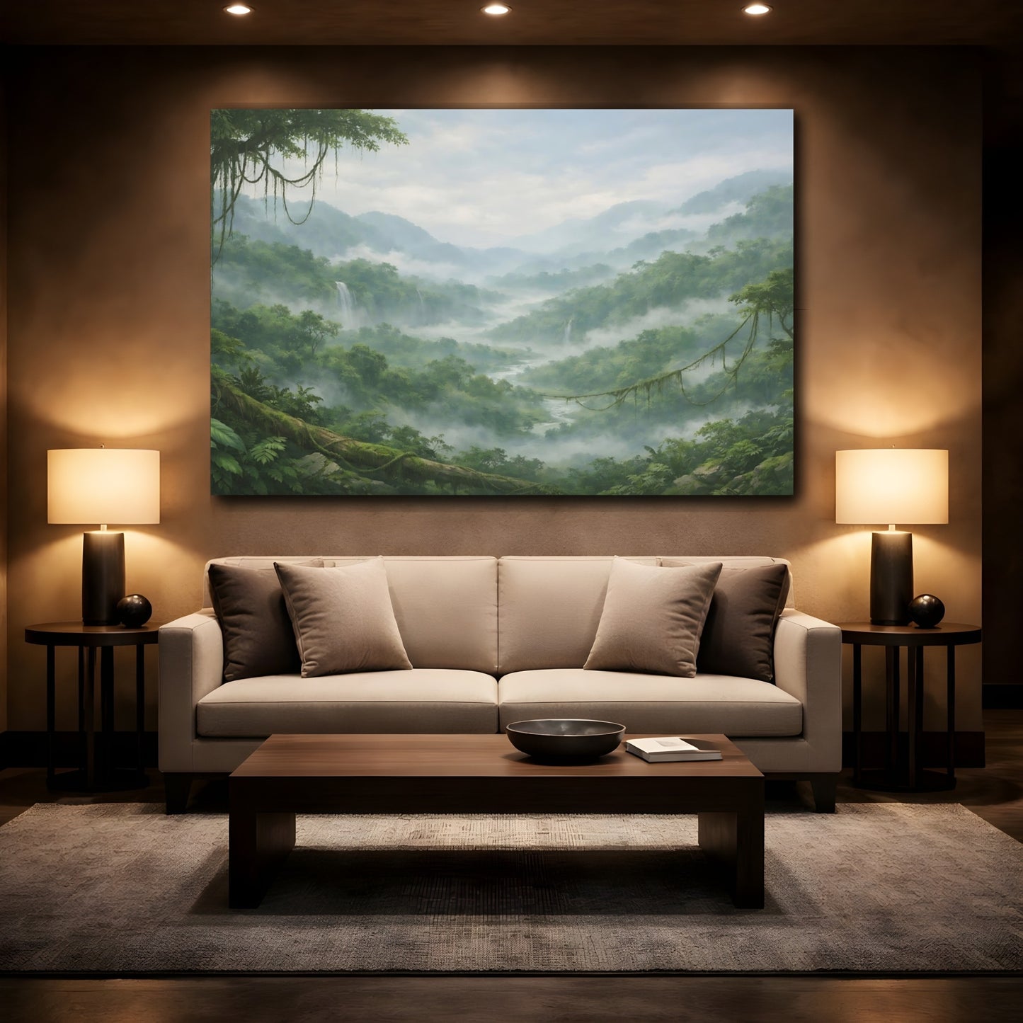 Mockup 2. Nature Jungle Valley Green Misty Valley shown as stretched canvas wall art