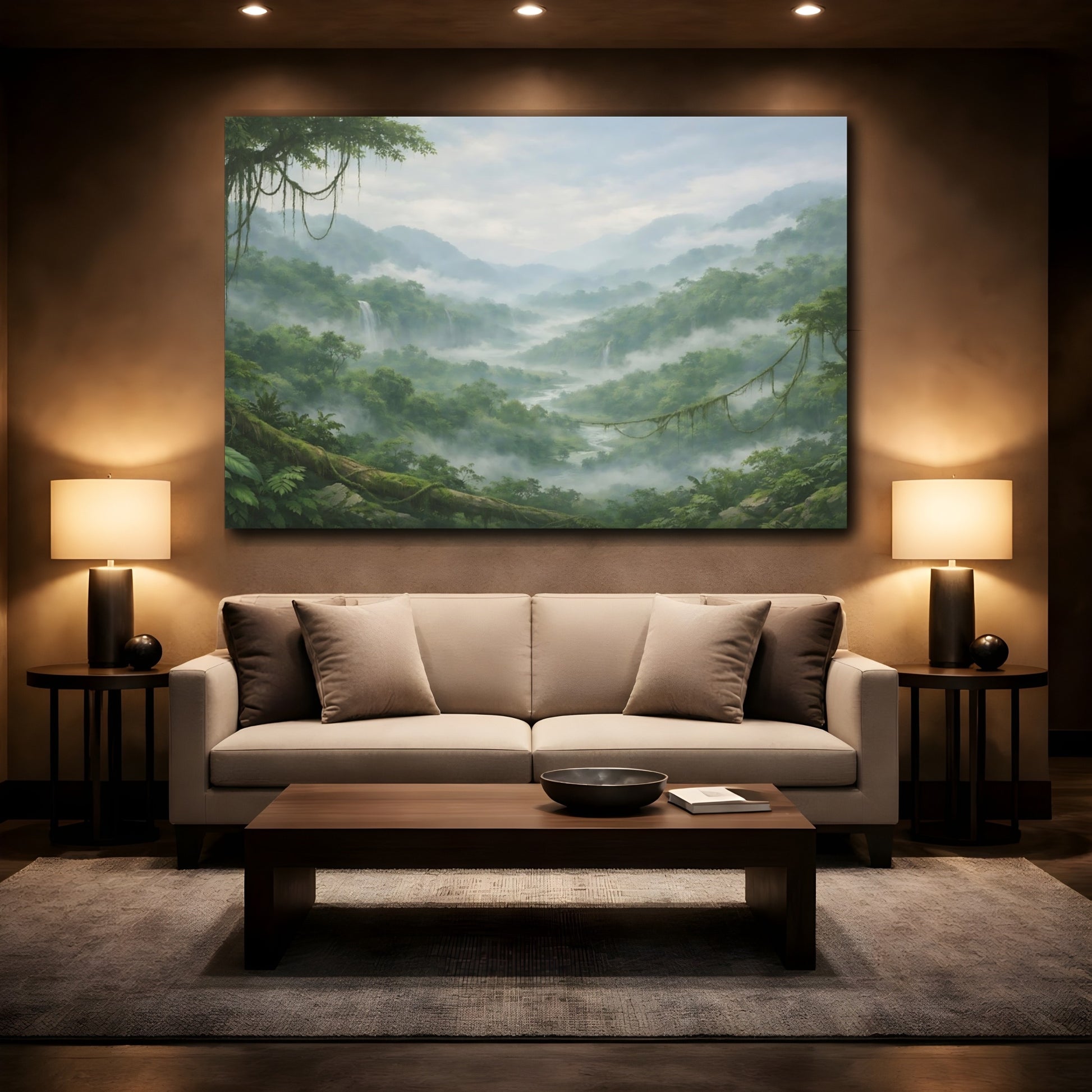 Mockup 2. Nature Jungle Valley Green Misty Valley shown as stretched canvas wall art
