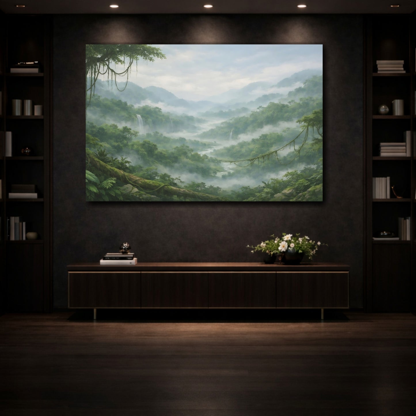 Mockup 3. Nature Jungle Valley Green Misty Valley shown as stretched canvas wall art