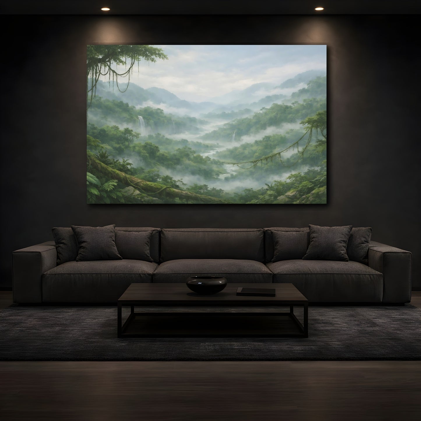Mockup 4. Nature Jungle Valley Green Misty Valley shown as stretched canvas wall art