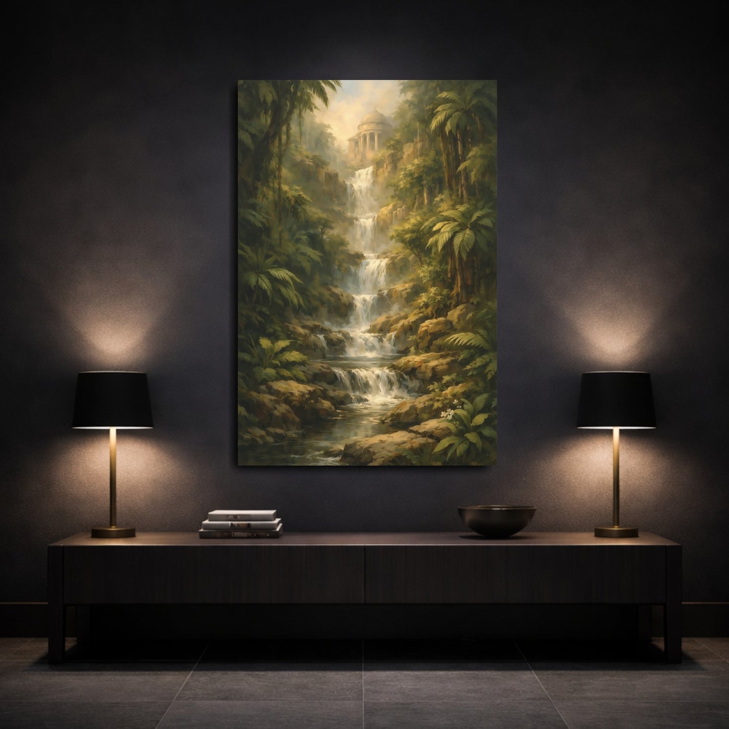 Mockup 2. Nature Jungle Waterfall Green Brown Landscape shown as stretched canvas wall art