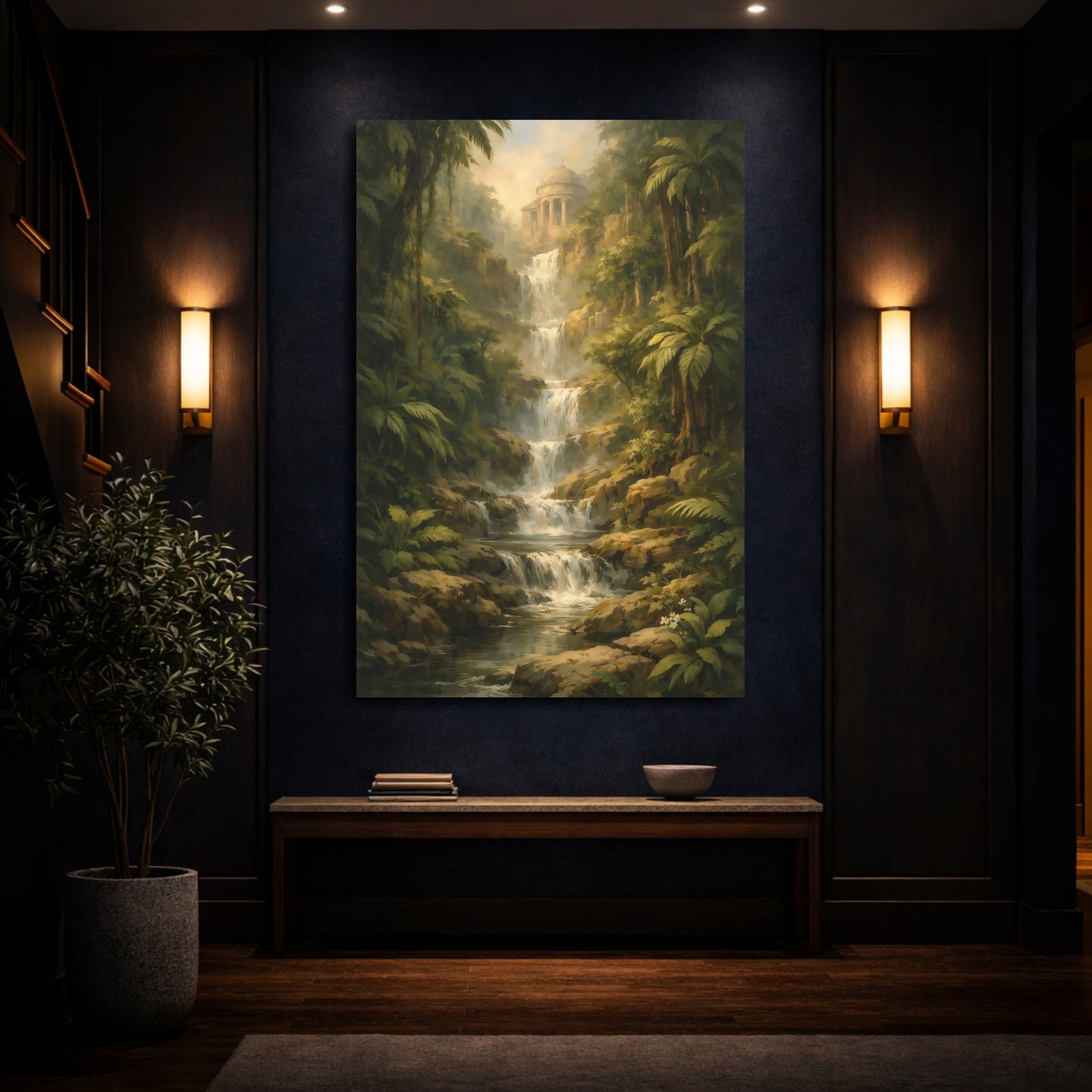 Mockup 3. Nature Jungle Waterfall Green Brown Landscape shown as stretched canvas wall art