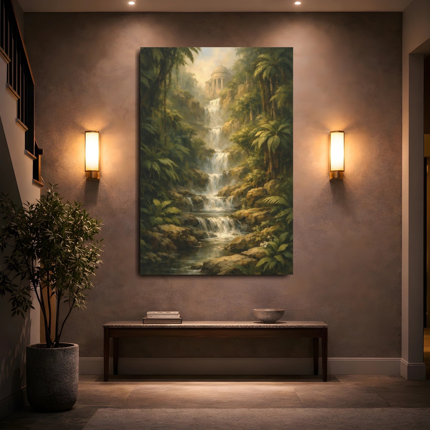 Mockup 4. Nature Jungle Waterfall Green Brown Landscape shown as stretched canvas wall art