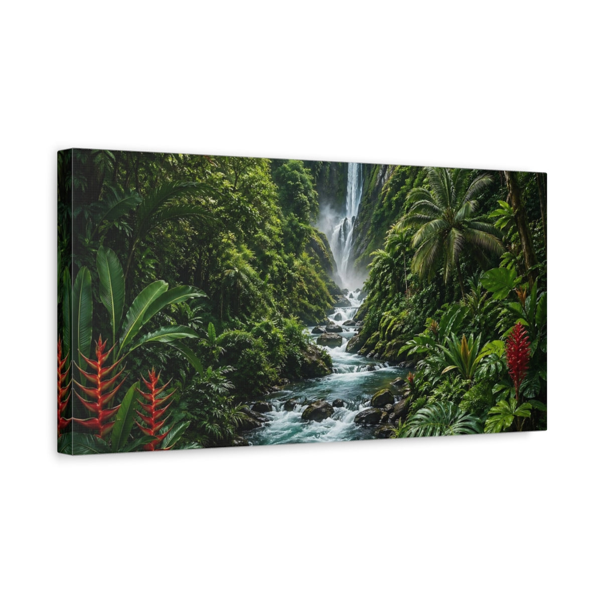 Side Mockup 3. Nature Jungle Waterfall Green Jungle Waterfall shown as stretched canvas wall art