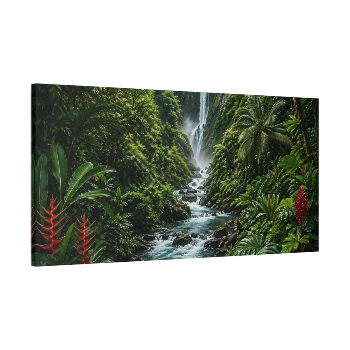 Main Mockup. Nature Jungle Waterfall Green Jungle Waterfall shown as stretched canvas wall art