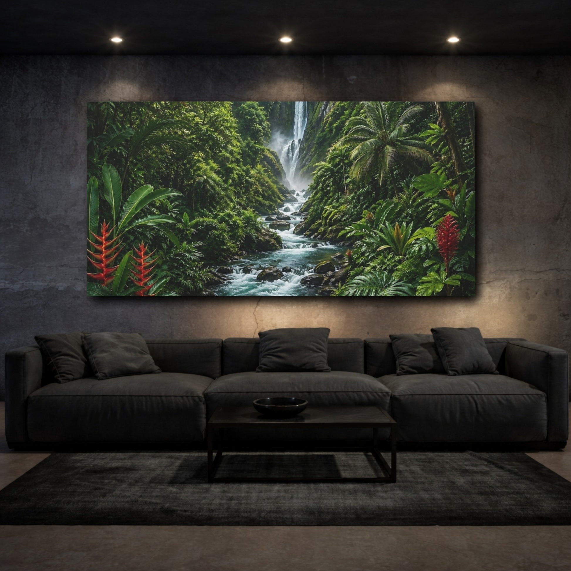 Mockup 2. Nature Jungle Waterfall Green Jungle Waterfall shown as stretched canvas wall art