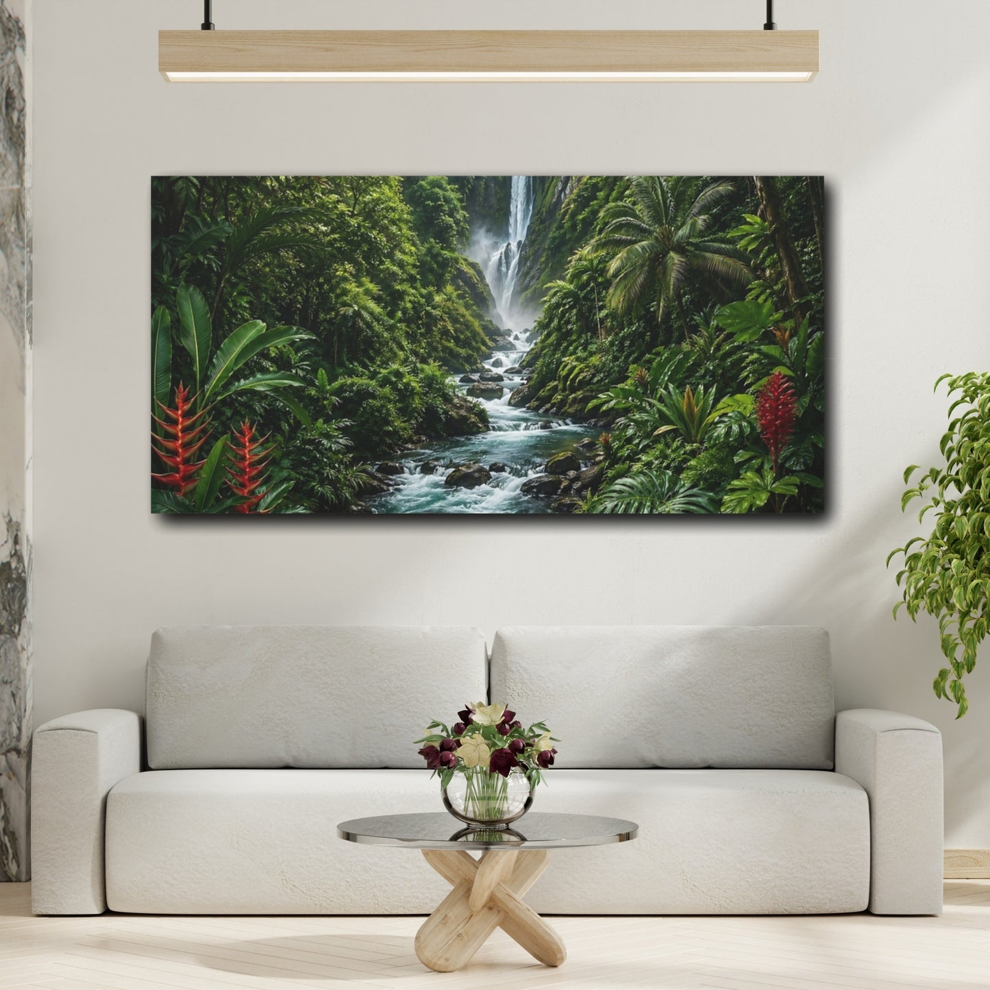 Mockup 3. Nature Jungle Waterfall Green Jungle Waterfall shown as stretched canvas wall art