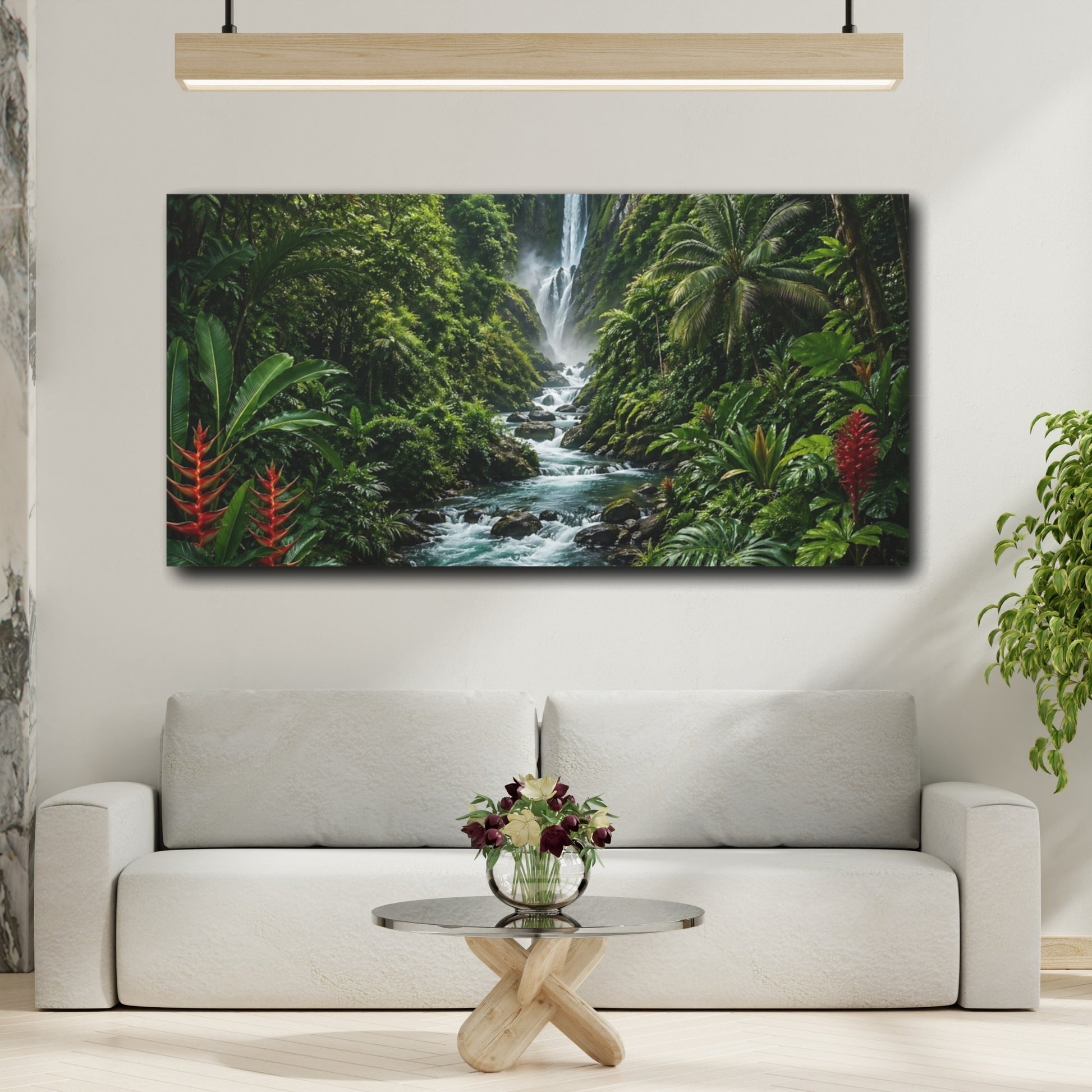 Mockup 3. Nature Jungle Waterfall Green Jungle Waterfall shown as stretched canvas wall art