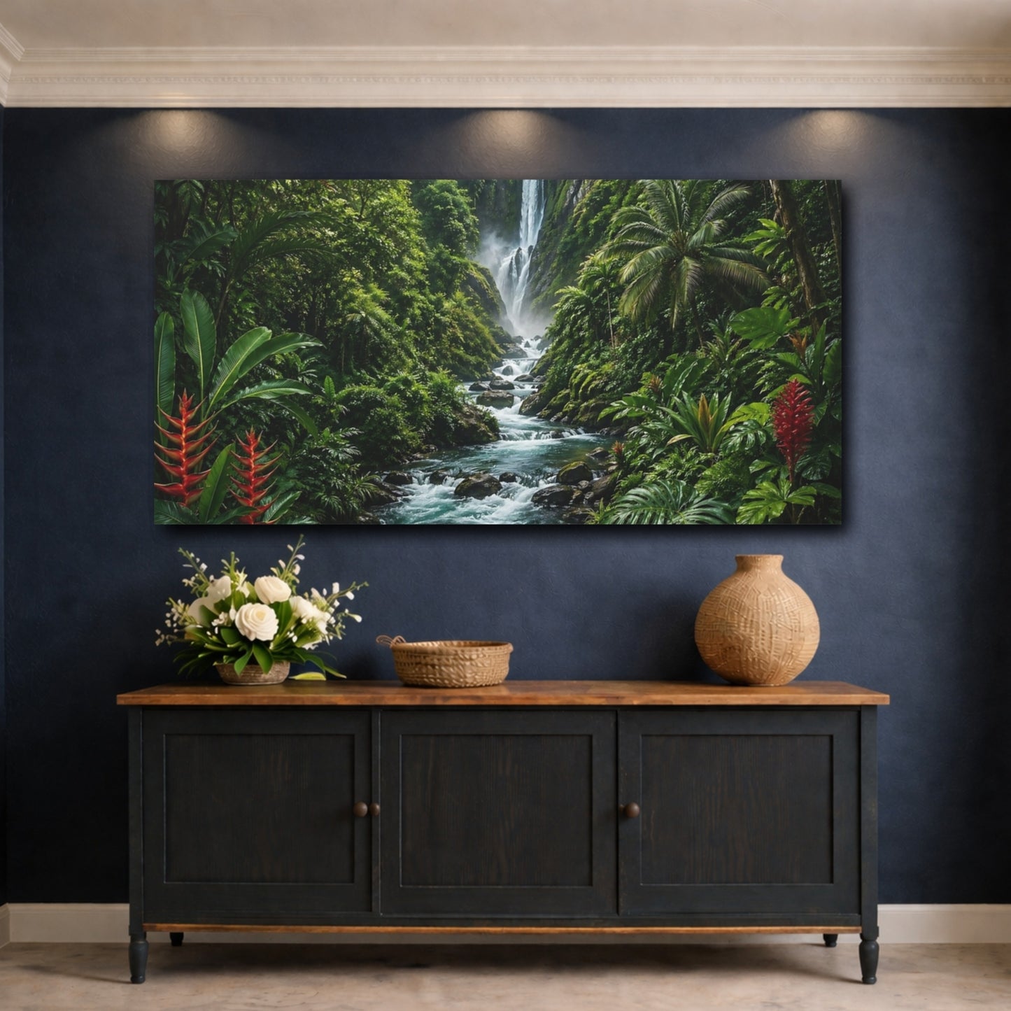 Mockup 4. Nature Jungle Waterfall Green Jungle Waterfall shown as stretched canvas wall art