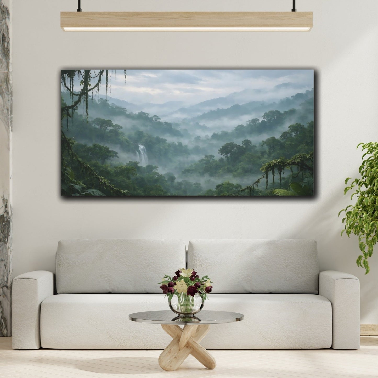Nature Jungle Waterfall Green Misty - Canvas Wall Art Print - YesArtYes