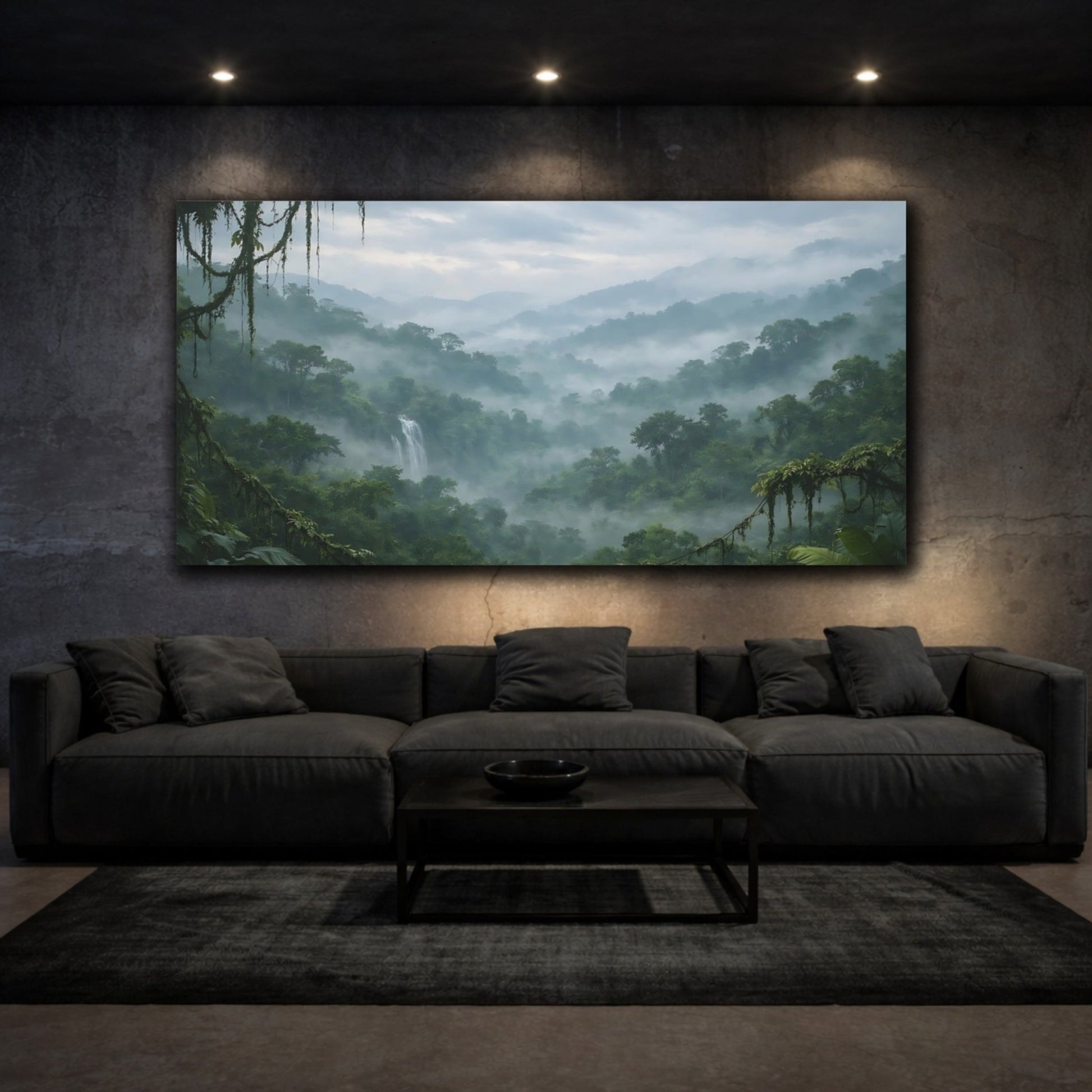 Nature Jungle Waterfall Green Misty - Canvas Wall Art Print - YesArtYes