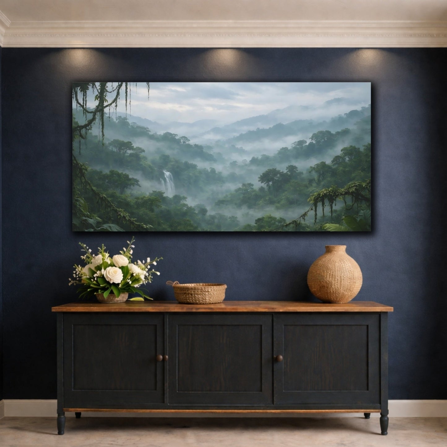 Nature Jungle Waterfall Green Misty - Canvas Wall Art Print - YesArtYes