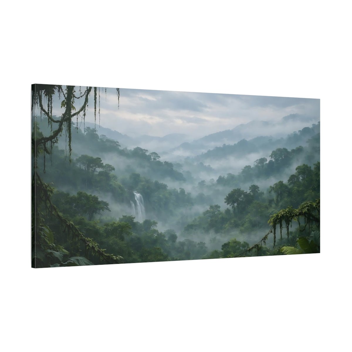Nature Jungle Waterfall Green Misty - Canvas Wall Art Print - YesArtYes