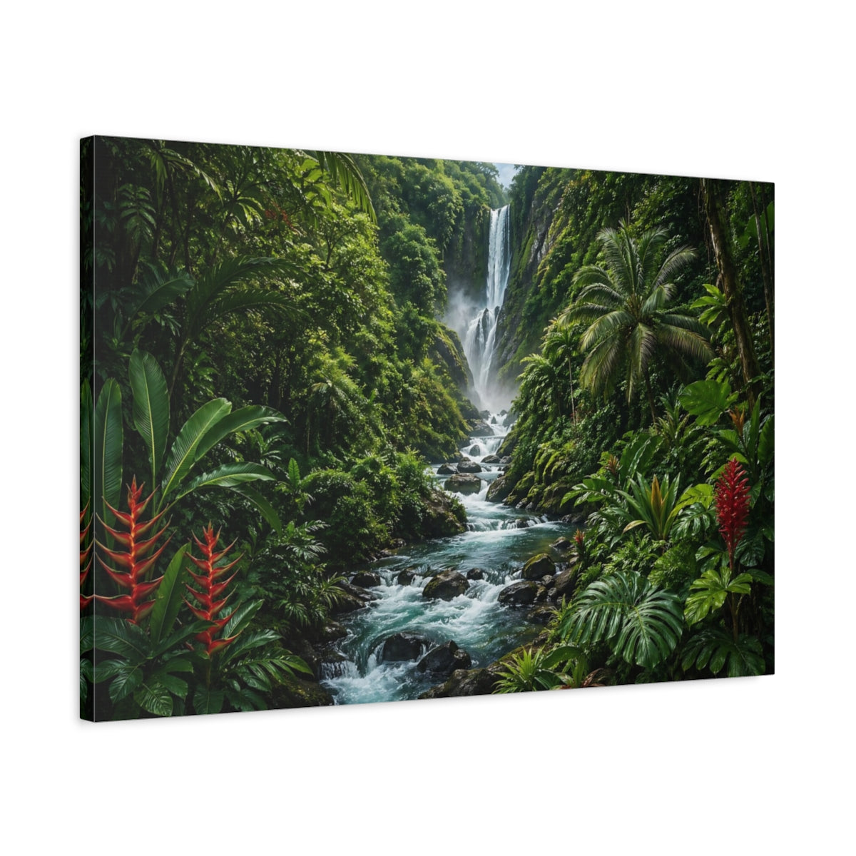 Side Mockup 2. Nature Jungle Waterfall Tropical Green shown as stretched canvas wall art