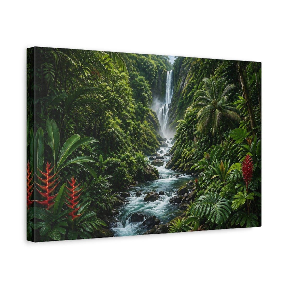 Side Mockup 4. Nature Jungle Waterfall Tropical Green shown as stretched canvas wall art