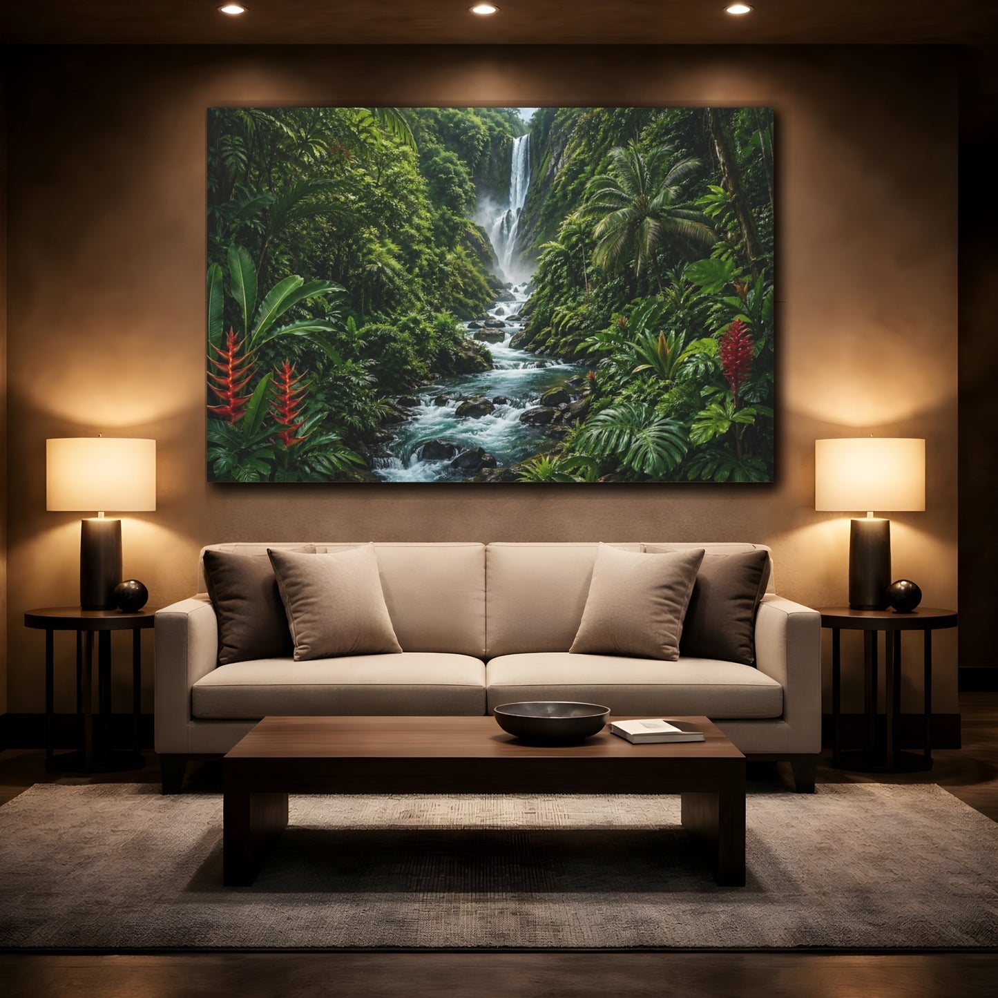 Mockup 2. Nature Jungle Waterfall Tropical Green shown as stretched canvas wall art