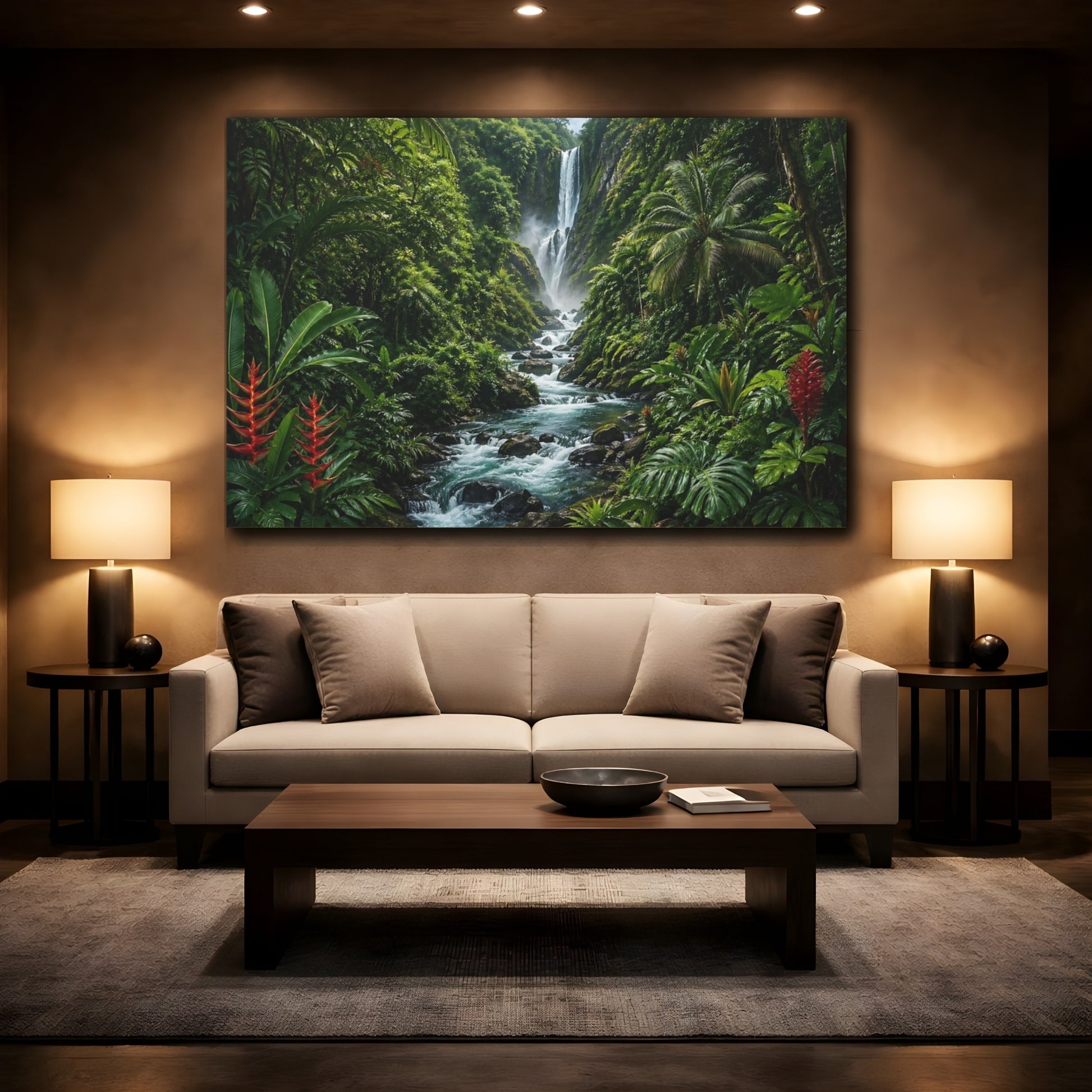 Mockup 2. Nature Jungle Waterfall Tropical Green shown as stretched canvas wall art