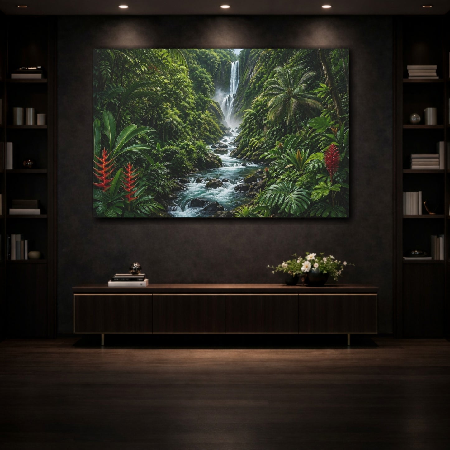 Mockup 3. Nature Jungle Waterfall Tropical Green shown as stretched canvas wall art