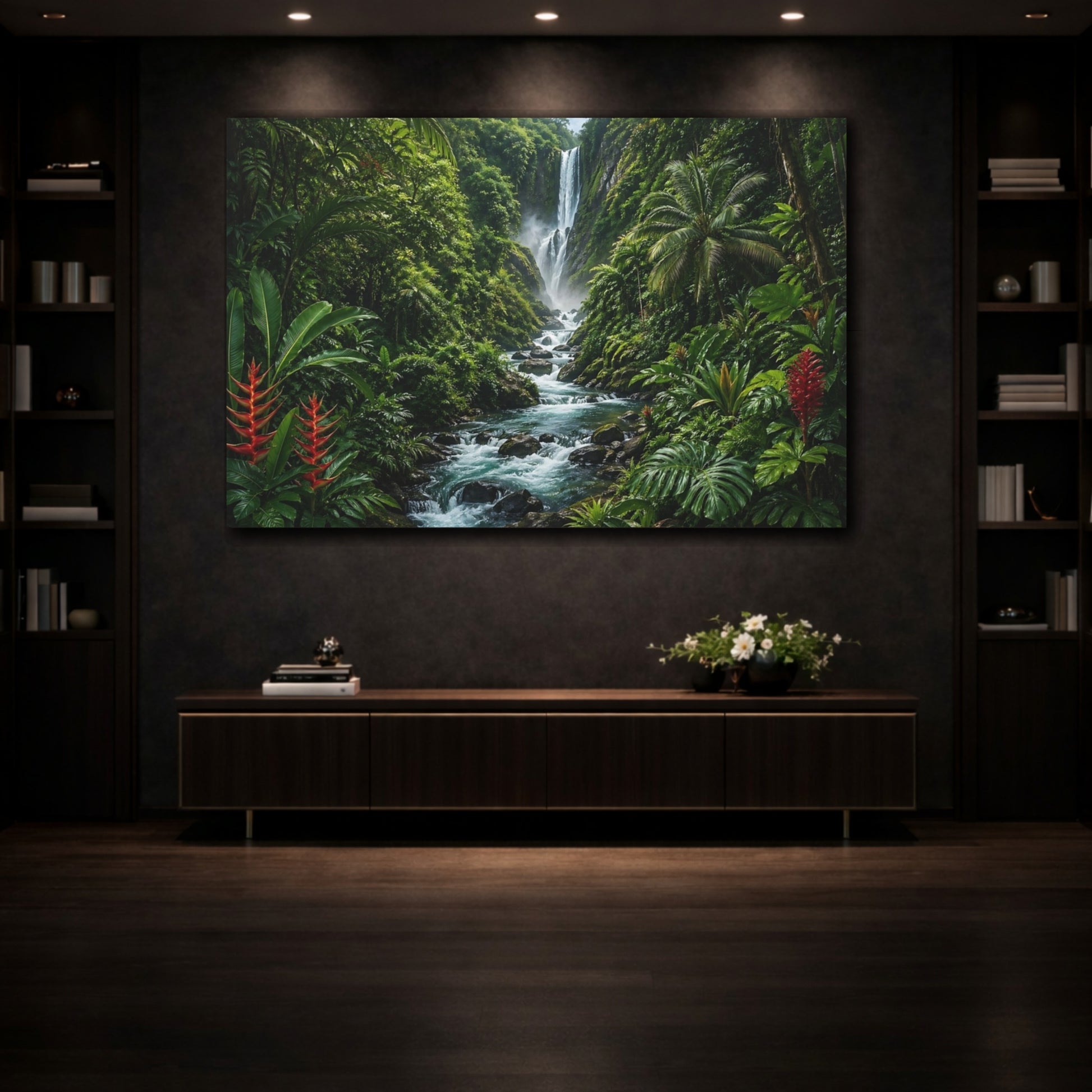 Mockup 3. Nature Jungle Waterfall Tropical Green shown as stretched canvas wall art