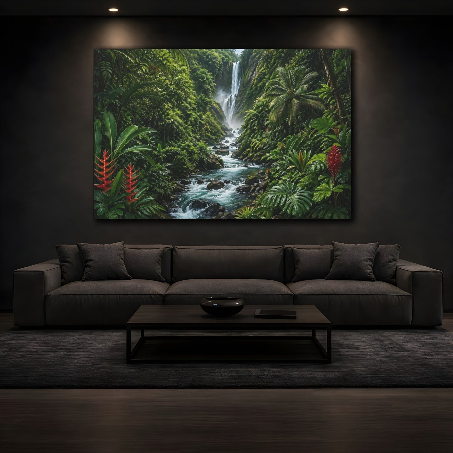 Mockup 4. Nature Jungle Waterfall Tropical Green shown as stretched canvas wall art