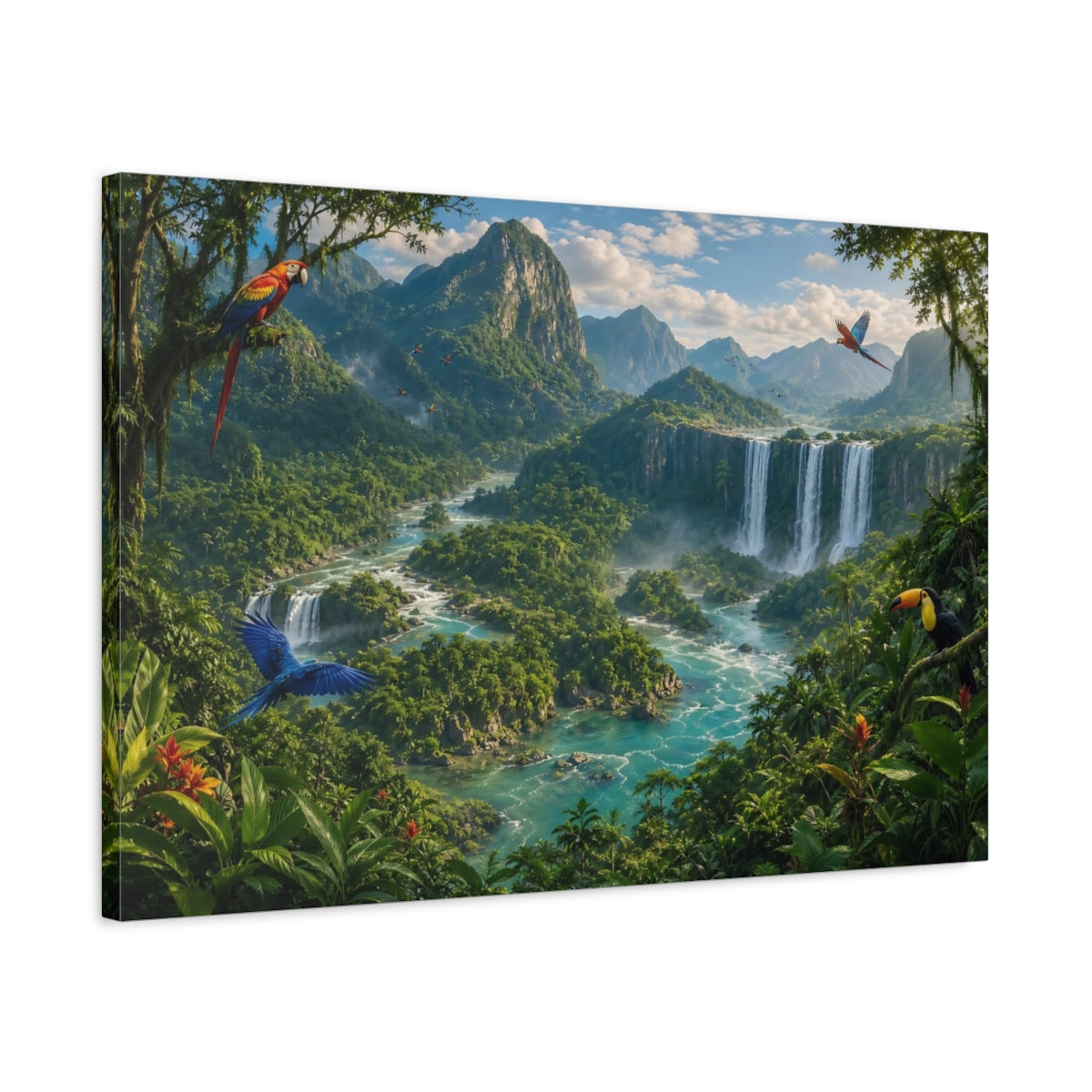 Side Mockup 2. Nature Jungle Waterfall Tropical Landscape shown as stretched canvas wall art