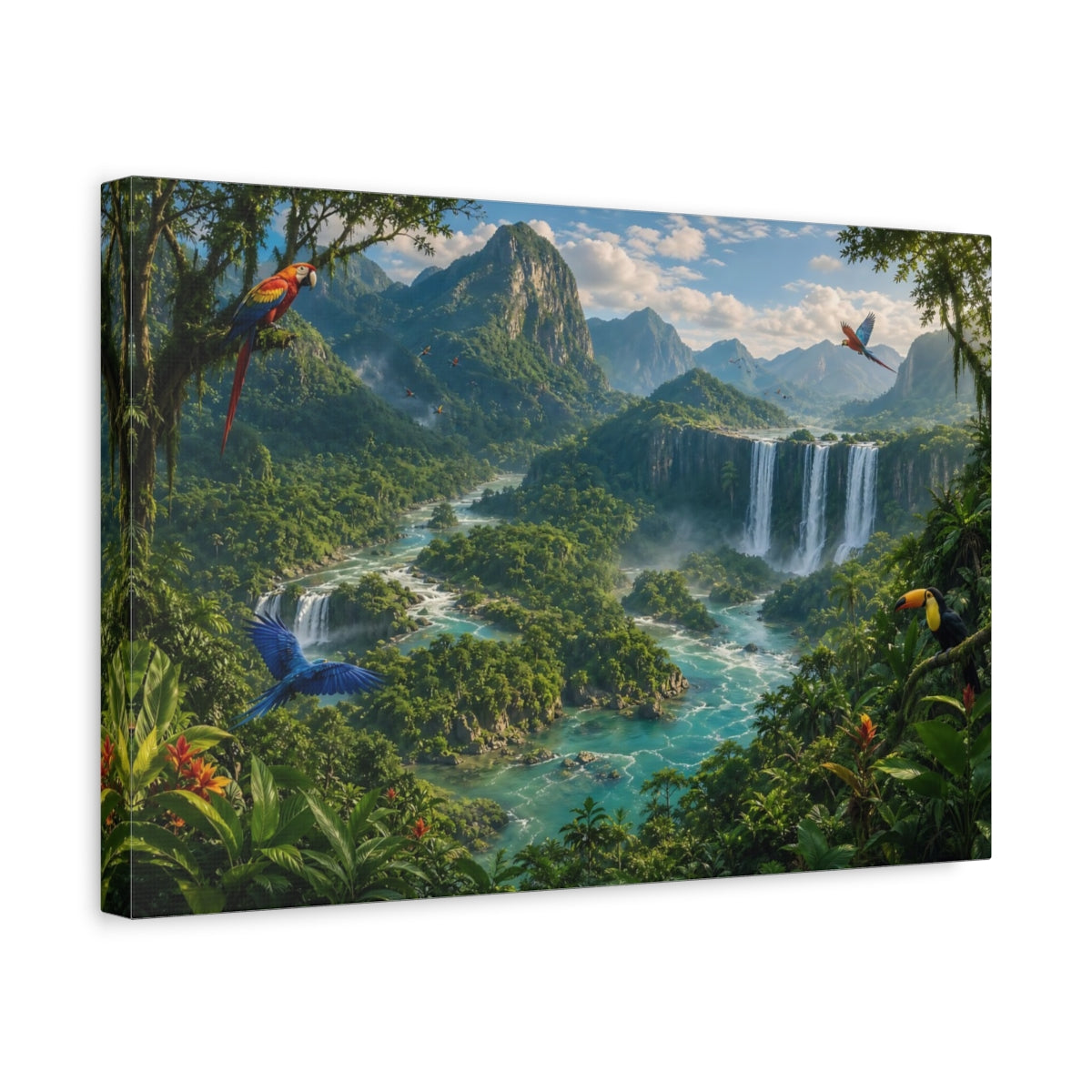 Side Mockup 4. Nature Jungle Waterfall Tropical Landscape shown as stretched canvas wall art
