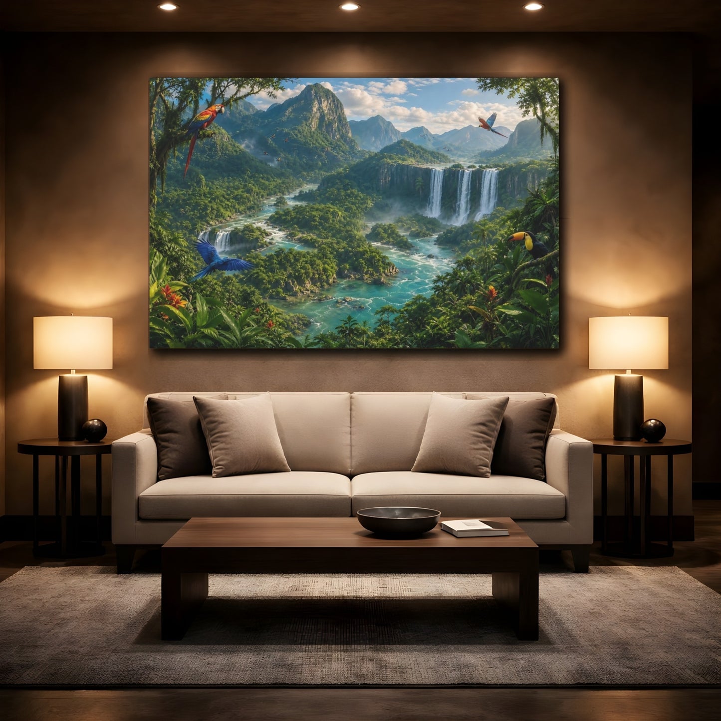 Mockup 2. Nature Jungle Waterfall Tropical Landscape shown as stretched canvas wall art