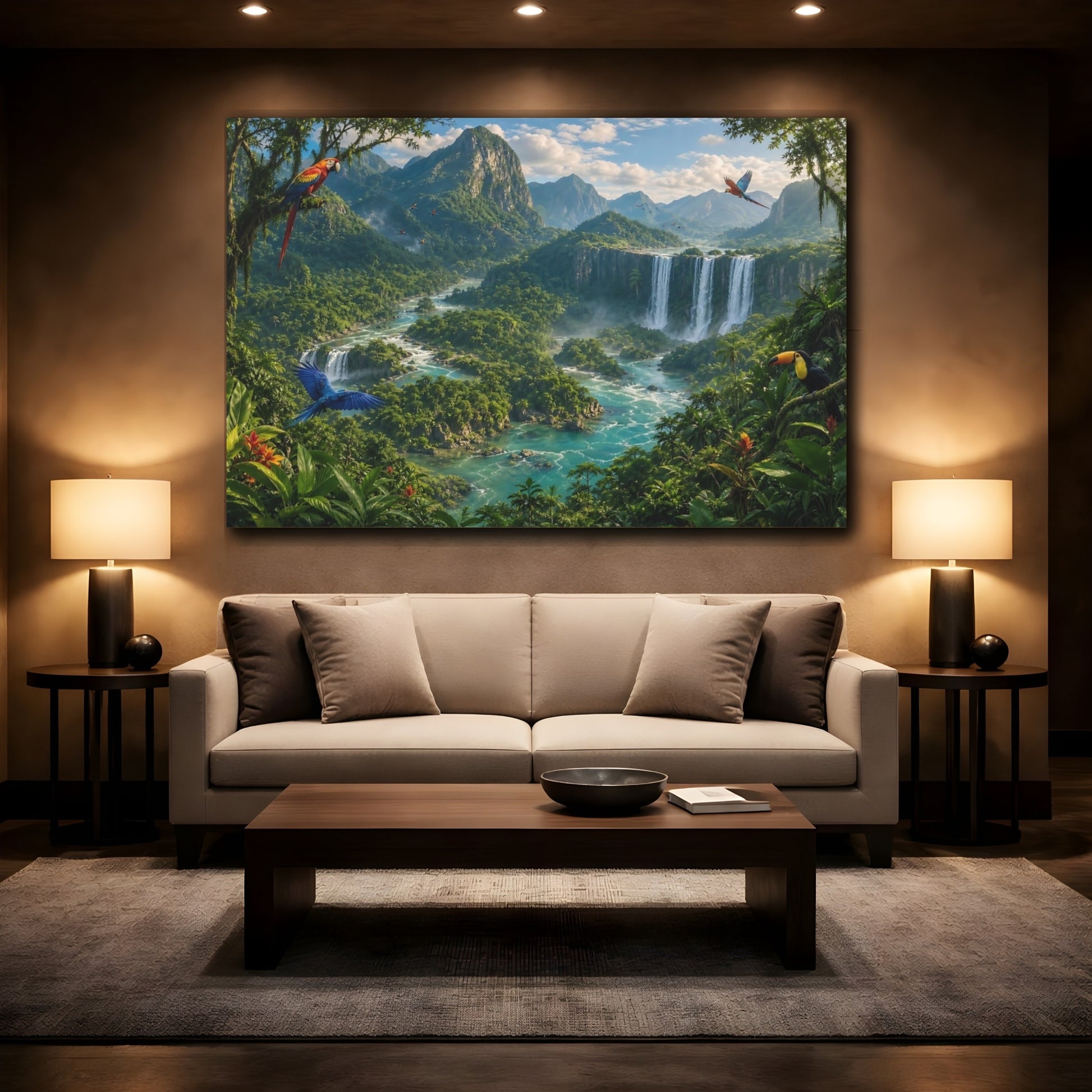 Mockup 2. Nature Jungle Waterfall Tropical Landscape shown as stretched canvas wall art