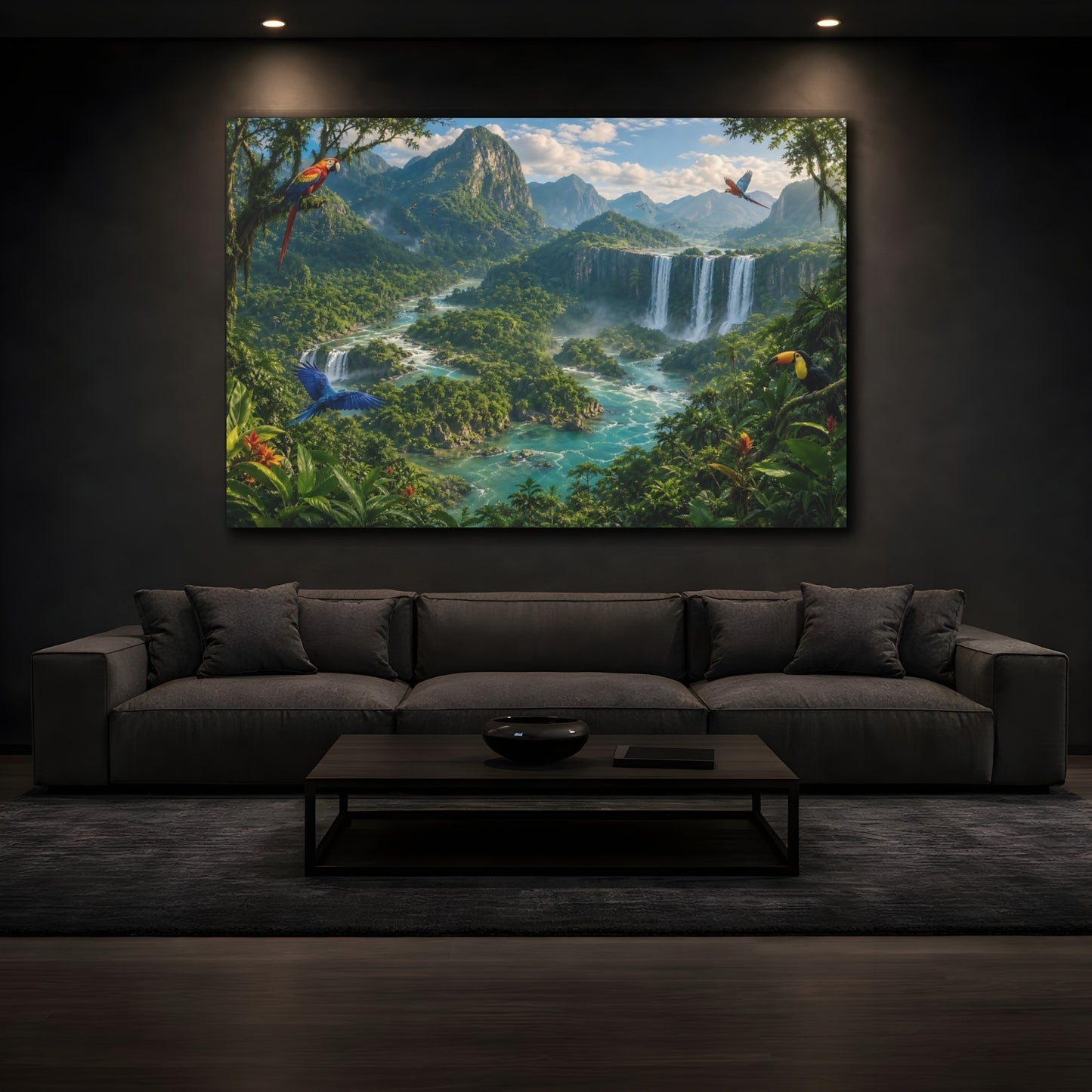 Mockup 3. Nature Jungle Waterfall Tropical Landscape shown as stretched canvas wall art